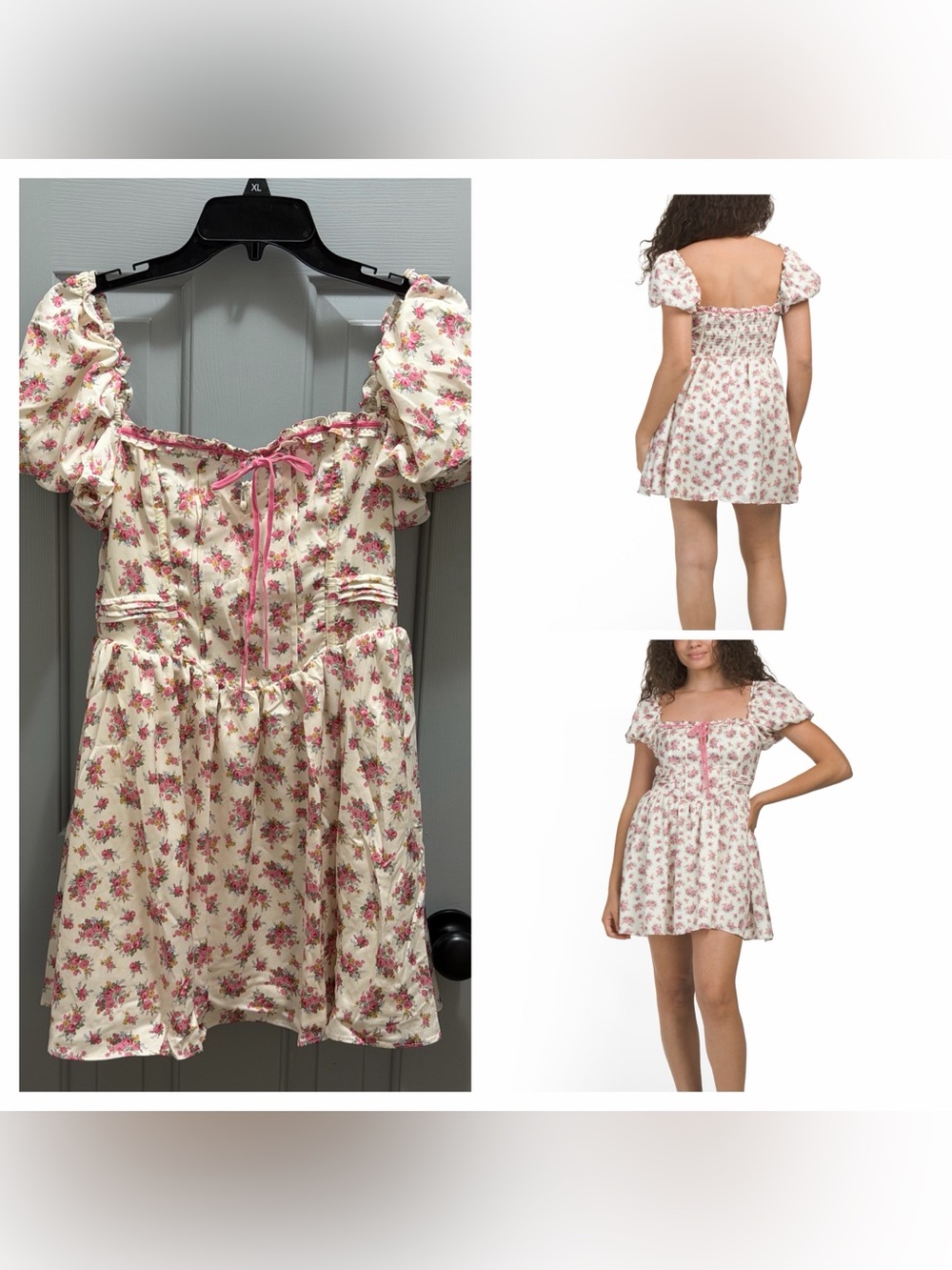 NEW For Love And Lemons Etienne Pink Floral Mini Dress Bodice Puff Sleeves Med.